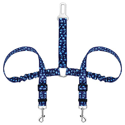 SlowTon Dog Seat Belt, Double Dog Seatbelt Adjustable Vehicle Safety Leash with Elastic Bungee Buffer, Reflective No Tangle Y Shape Two Dog Harness Seat Belt Splitter for Pets Car Trip (Blue Paws, M) - color: I.Blue Paws, size: 2 Medium in 1
