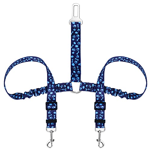 SlowTon Dog Seat Belt, Double Dog Seatbelt Adjustable Vehicle Safety Leash with Elastic Bungee Buffer, Reflective No Tangle Y Shape Two Dog Harness Seat Belt Splitter for Pets Car Trip (Blue Paws, M) - color: I.Blue Paws, size: 2 Medium in 1