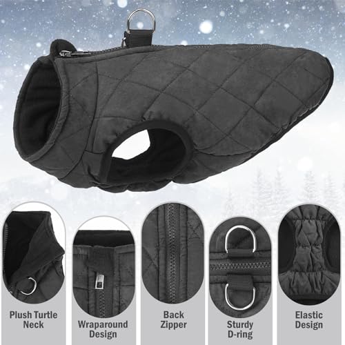 SCENEREAL Winter Dog Vest Coat with Harness Built In, Warm Puppy Jacket for Small Medium Dogs, Cold Weather Coat with Zipper, Fleece Puffer Vest Windproof Snow Clothes - color: #1 Black-Matte, size: L(Chest 19")-Regular