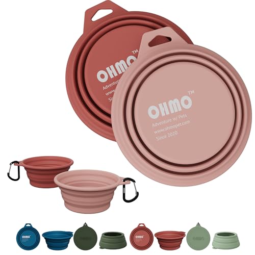 OHMO Collapsible Dog Bowl (2 Pack, 12oz/400ml) Premium Silicone Pet Water Bowls for Cats & Dogs, Portable Foldable Dog Travel Bowls for Outdoor Camping Hiking - color: Erythrinus&Coral, size: 2x12oz