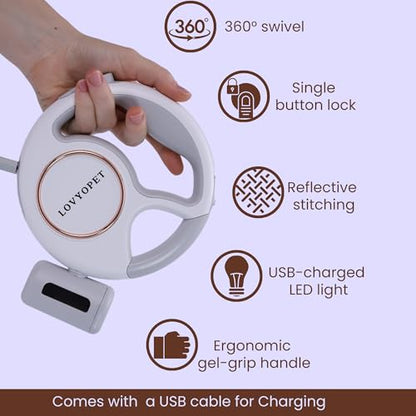 Retractable Two Dog Leash - Leash with LED Light, 360° Tangle-Free Swivel, Durable Stitching, One-Touch Lock, Ergonomic Grip - for Small to Medium (up to 33lb per Dog)
