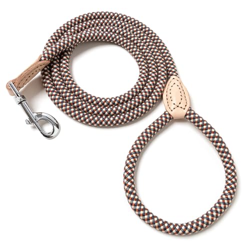 Mile High Life Dog Leash, Rope Leash with Genuine Leather Connection and Heavy Duty Metal Clasp, Great for Small Medium Large Dogs(Brown Check,48 Inch) - color: Rope Handle-Brown Check, size: 48 Inch-1/2"