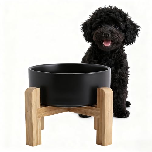 Elevated/Raised Ceramic Dog Bowl with Bamboo Stand，6 Inch 3.6 Cups Non Slip Heavy Weighted Single Pet Dish, for Small Medium Breed & Cats,Reduces Neck Strain Black - color: Black, size: 3.6 Cups - Medium