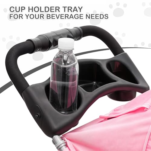 MoNiBloom 3-Wheels Foldable Pet Stroller with Waterproof Cover, Pet Strolling Cart for Small/Medium Dogs and Cats with Storage Basket and Cup Holder, Breathable and Visible Mesh for All-Season, Pink - color: Pink