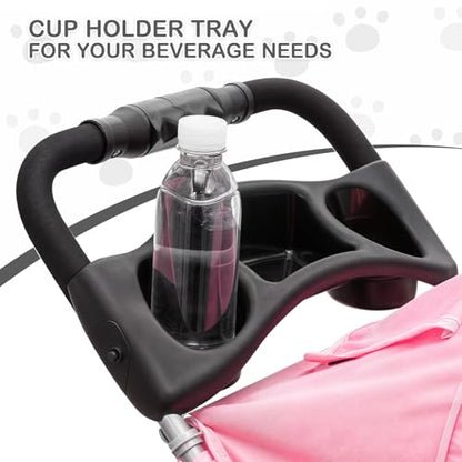 MoNiBloom 3-Wheels Foldable Pet Stroller with Waterproof Cover, Pet Strolling Cart for Small/Medium Dogs and Cats with Storage Basket and Cup Holder, Breathable and Visible Mesh for All-Season, Pink - color: Pink