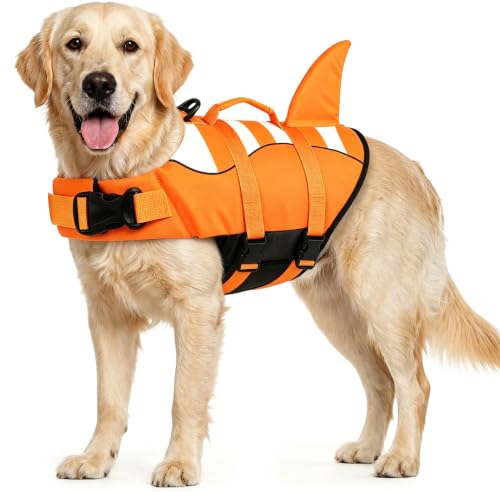 Dog Life Jacket,Shark Pattern High Buoyancy Adjustable Swim Vest with Rescue Handle,D-Ring&Reflective Strips for Boating Swimming Beach (Shark Pattern/Orange, X-Large)