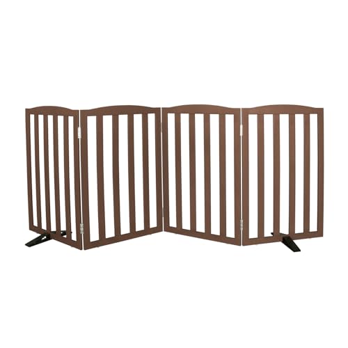 Freestanding Dog Gate Indoor,Doggie Gate Foldable Pet Gates for Doorways,Stairs or Hallways, Wooden Brown Pet Gate for the House, Pet Fence with Support Feet Included,32 "Height-4 Panels - color: Brown, size: 【4 Panels】80‘’w x 32''h