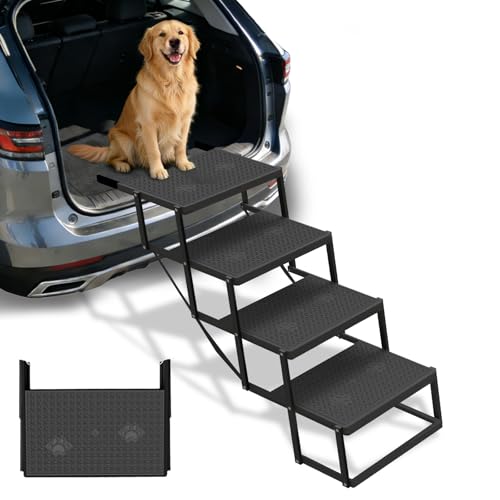 Dog Steps for Car, Truck, SUV, Dog Stairs for Car with Upgraded Non-Slip Surface, Foldable Dog Ramp for Car, Pet Stairs for Large Dogs, 4 Steps - color: Black, size: 4 Steps
