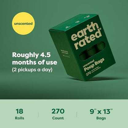 Earth Rated Poop Bags for Dogs, Guaranteed Leak Proof and Extra Thick Waste Bag Refill Rolls, Unscented, 270 Bags - size: 270 Bags, style: Unscented