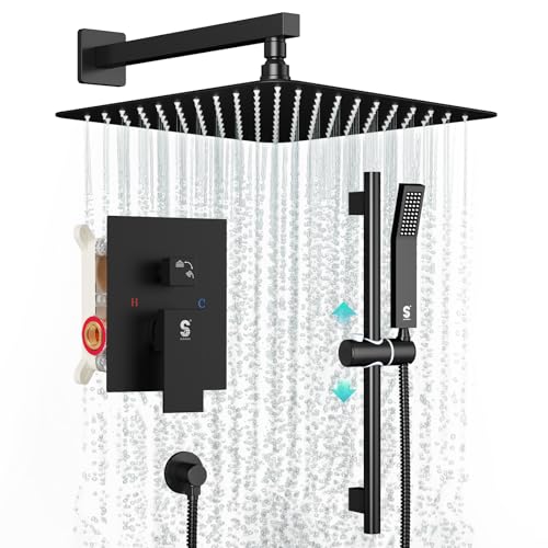 SR SUN RISE 10 Inch Slide Bar Shower Faucet Luxury High Pressure Shower Heads and Handheld Spray Combo Set Wall Mounted Shower System Included Valve and Trim Kit, Matte Black - color: Matte Black, style: 10"