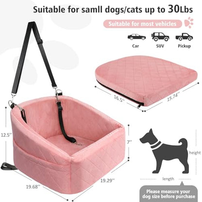 NEEZUKAR Dog Car Seat for Small Medium Dogs,Detachable Washable Dog Booster Seat Under 30lbs, Pet Car Seats Travel Bed with Storage Pockets and Safety Belt(Pink) - color: Pink