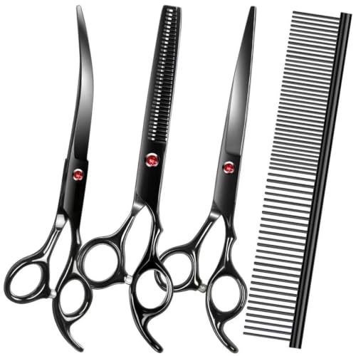 Dog Grooming Scissors Kit, Premium Stainless Steel Dog Shears with Curved Shears, Sharp Durable for Dogs Cats+Black 4 Piece - color: Black 4 Piece