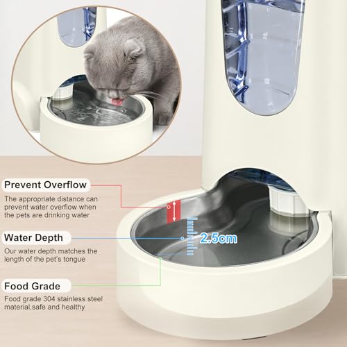 2 Pack Automatic Cat Feeder and Stainless Steel Water Dispenser, Gravity Dog Waterer Set Food Feeder and Waterer Set for Small Medium Kitten Puppy Pets (1 Gallon x 2, Ivory White) - color: 1 Gallon x 2 - Ivory White