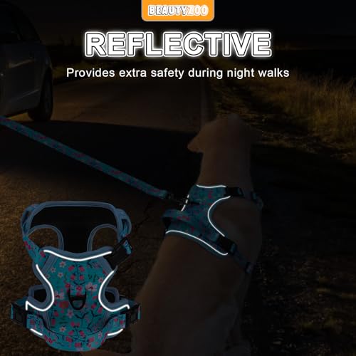 BEAUTYZOO No Pull Dog Harness Large,Adjustable Dog Harness and Leash Set -Easy Wearing with 3 Buckles/Control Handle,No Choke Soft Padded Reflective Pet Vest for Training Walking Hiking,Blue XL - color: Blue Flower, size: XL: chest 22"-44"