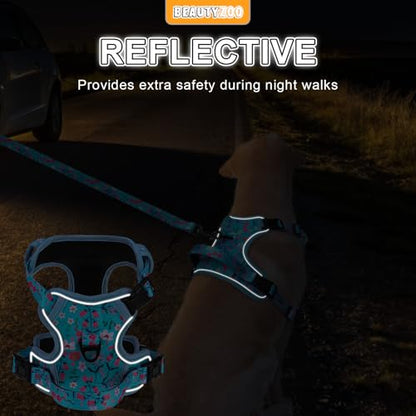BEAUTYZOO No Pull Dog Harness Large,Adjustable Dog Harness and Leash Set -Easy Wearing with 3 Buckles/Control Handle,No Choke Soft Padded Reflective Pet Vest for Training Walking Hiking,Blue XL - color: Blue Flower, size: XL: chest 22"-44"