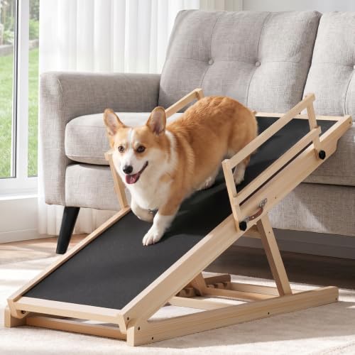 Dog Ramp for Bed Couch, 47" Long Pet Steps for Small Medium Dogs | 6 Heights 20.3"-27", Holds 200 lbs, Foldable, 2 Safety Side Rails, For Older/Injured Pets, Solid Wood, Anti-slip Yoga Mat - size: 47"L x 16"W x 3.3"H