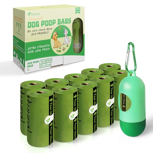 Dog Poop Bags-150 Counts with Leash Dispenser (10 Rolls), Biodegradable Poop Bags, Eco-friendly and Easy to Open, Thick Dog Waste Bags (Green) - color: Green, size: 1 Count (Pack of 150)