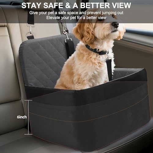 Dog Car Seat for Small/Medium Dogs,Pet Dog Booster Car Seat Puppy 15-35 lbs with Soft 4+2in Detachable Pads Detachable Elevated Cushion and Washable Cover Safety Belt Storage Pockets Easy to Install - color: grey+black