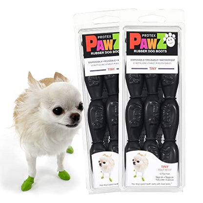 PawZ Rubber Dog Boots for Tiny Paws - All-Weather Waterproof Dog Shoes, Anti-Slip Traction for Rain, Snow, Mud & Hot Pavement - Pull-On Dog Booties, Black - Tiny (0.5" - 1") - Pack of 24 - size: Tiny