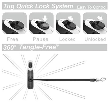 TUG 360° Tangle-Free Retractable Dog Leash | 16 ft Strong Nylon Tape | One-Handed Brake, Pause, Lock (Medium, White) - color: White, size: Medium