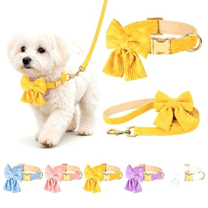 Dog Collar and Leash Set with Bowtie, Soft & Cute Puppy Collar, Cotton Puppy Collar with Adjustable Metal Buckle for Small, Medium Dog (Yellow, Size M: Neck 13"-22") - color: Yellow, size: M: Neck 13"-22" Leash 5 FT