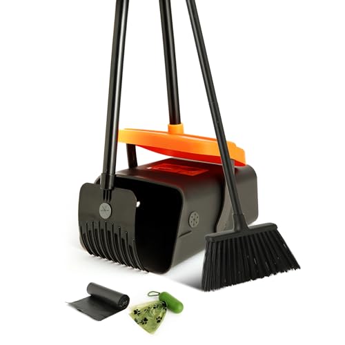 Eyliden Pooper Scooper Broom Set, Include - Dustpan with Lid, Rake, Broom, 35 Waste Bags, 46" Adjustable Long Handle - Yard Lawn Garden Dog Pooper Scooper Leaf Rake, Dust Pan and Broom Combo