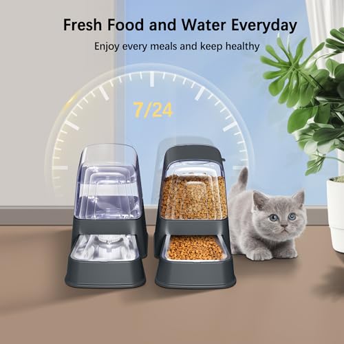 Automatic Dog and Cat Food Feeder and Water Dispenser Set with Stainless Steel Bowls,Gravity Pet Food and Water Feeders,100% BPA-Free,Large Capacity for Cats Dogs Pets…(3.5L Dark Gray) - color: 3.5L dark gray