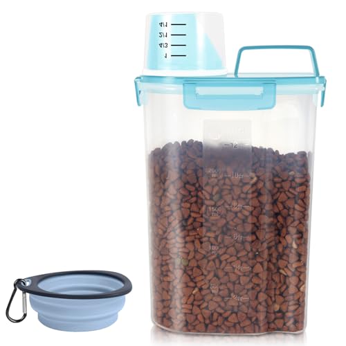 LEAWALK 3-5Lbs/3Qt Dog Cat Food Storage Container With Foldable Bowl. Plastic Pet Food Dispenser for Small Animal Kibble/Pet Food/Bird Seed/Oatmeal/Rice/Flour/Brown Sugart/Cereals (Clear Bule) - color: Clear Blue, size: 3L-1pack