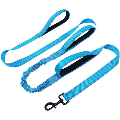 WYuZe 3 Handle Dog Leash for Medium Large Dogs 7FT Bungee Traffic Dog Leash | Reflective Heavy Duty Nylon Training Leash Shock Absorbing Triple Padded Handle No Pull Control Walking (7FT, Blue) - color: Blue