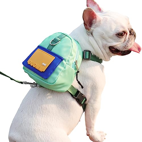 Dog Backpack Harness with Leash,Cute Pet Puppy Backpacks Bulid-in Dog Poop Bag Dispenser,Adjustable Pets Self Carrier Bag for Small Medium Dogs Travel Hiking Daily Walking(S, Green) - color: Green, size: Small