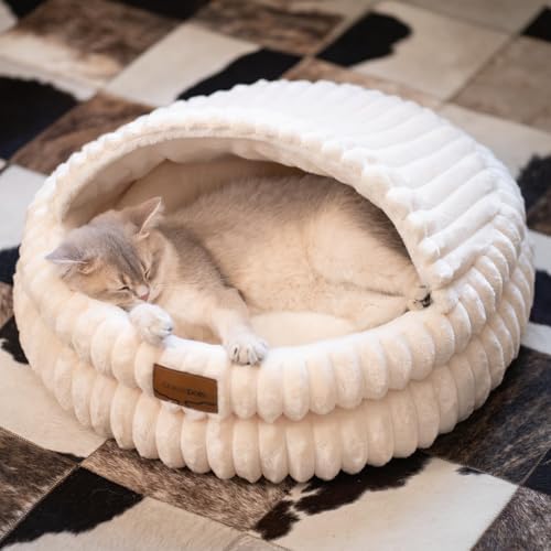 CHEERPALS Cat Cave Bed for Indoor Cats, Washable Covered Cat Bed Hooded Kitty Bed Soft Fluffy Pet Bed for Puppy and Small Dog(White) - color: White
