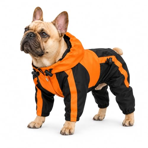 Lovelonglong American Bully Pitbull Dog Hooded Raincoat, Bulldog Rain Jacket Poncho Waterproof Clothes with Hood Breathable 4 Feet Four Legs Rain Coats for Pugs English French Bulldog Orange B-S - color: Orange, size: B-S (for Bulldog/Beefy dog)