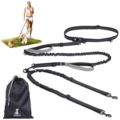 SparklyPets - Hands Free Double Dog Leash - Dual Leash for 2 Small Dogs - with Padded Handles, Reflective Stitches - No Pull, Tangle Free, for Dog Walking, Hiking, Canicross - for Small Dogs - color: Gray, size: 2 dogs S