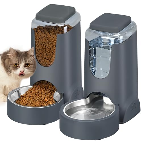Automatic Cat Feeder and Water Dispenser with Stainless Steel Bowl Dog Gravity Food Feeder and Waterer for Small Medium Pets Puppy Kitten 1 Gallon x 2 - color: Charcoal gray（3.8L*2）