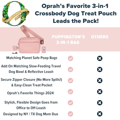 Puppington 3-in-1 Crossbody Dog Walking Bag & Treat Pouch with Matching Planet Safe Poop Bags & Built-In Dispenser - Zippered Pockets (Blush Pink) - color: Blush Pink