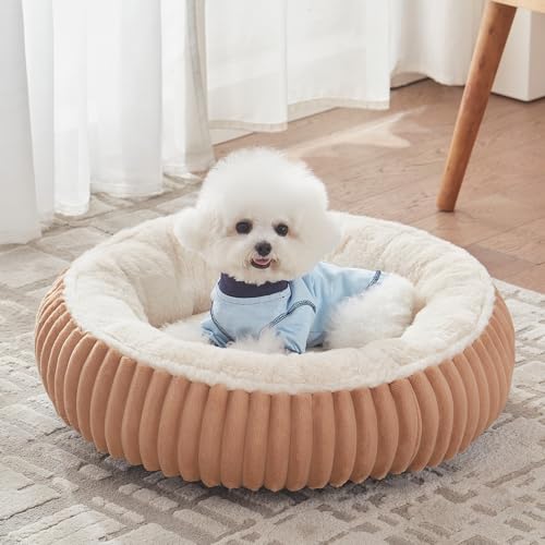 23 inches Donut Dog Bed for Small Dogs - Calming Round Puppy Bed with Removable Cover, Washable Milk Plush Faux Fur Pet Bed for Cats, Fits Pets up to 15 lbs(Mocha,Small) - color: Mocha, size: 23.0"L x 23.0"W x 7.0"Th