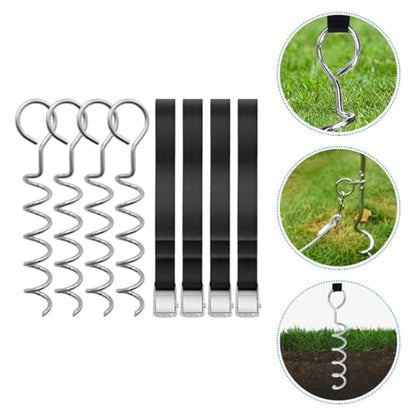 Professional Tent Stakes Wear-Resistant Spiral Dog Anchors with Metal Garden Stakes Portable 8pcs Set and 4 Straps for Outdoor Camping and Pet Tie-Outs