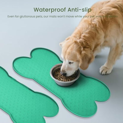 PWTAA Dog Food Mat Anti-Slip Silicone Dog Bowl Mat Thicker Pet Placemat Waterproof Cat Feeder Pad with Raised Edge Puppy Kitten Feeding Mats Suitable Small Medium-Sized Dogs Cats Eating Tray - 2PCS - color: Green, size: 19.4" x 9.8"-2PCS