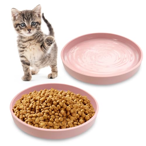 Silicone Cat Food Bowl Shallow Dishes 5.9in Wide Cats Bowls Set of 2 Kitty Plates Relief Whisker Fatigue Puppy Feeding Bowl for Dry Food and Wet Food Indoor (Round Pink) - color: Pink, size: M: 5.9 inches - without Suction Cup
