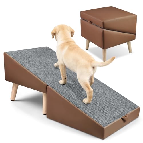 Split Ottoman Dogs Ramp, Dog Ramp for Couch and Bed, Dog Stairs for Small Dogs and Cats, 2-in-1 Foldable Wooden Pet Stairs and Ottoman,Non-Slip Fabric Surface Ramp for Couch and Bed Brown - color: Brown