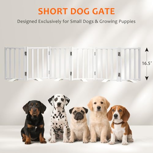 Snagle Paw Short Dog Gate,16.5" Tall Freestanding Metal Dog Gate Only for Small Dogs with Support Feet Easily Step Over,Up to 72" Wide Puppy Gate Indoor for Stairs,Doorways(White,6 Panel) - size: White-6 Panels 16.5"H*72"W