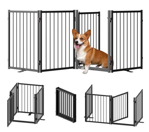 SNUOWU Full Metal Freestanding Dog Gate with Door, 24'' Height Foldable Pet Dog Fence for Indoor & Outdoor, 4 Panels Extra Wide Free Standing SmallDog Gates for Doorways,House,Stairs,Porch,Deck,Yard - color: Black, size: 【4 Panels】80"W*24H"