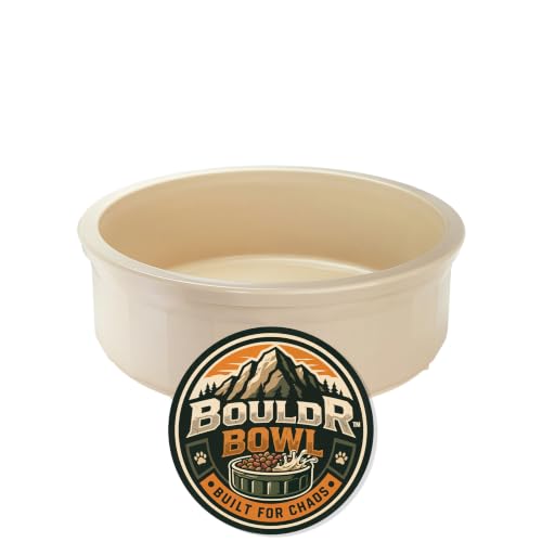 Pet Crock Bowl – Thick Durable Plastic Non-Tip Food & Water Dish for Dogs, Cats & Small Animals – Indoor/Outdoor – Chew Resistant, Easy Clean (Beige, Large 48oz) - color: Beige, size: Large 48oz