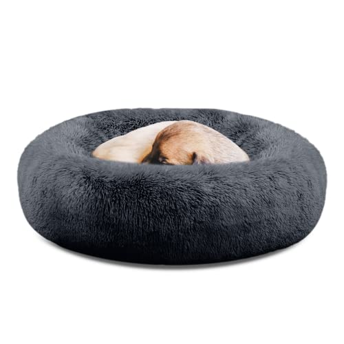 SAVFOX 36 inches Calming Donut Dog Bed - 3X Durable Plush Faux Fur, Machine Washable & Non-Slip, Fits up to 100 lbs, Dark Grey - color: Dark Grey, size: Large | 36"x36"