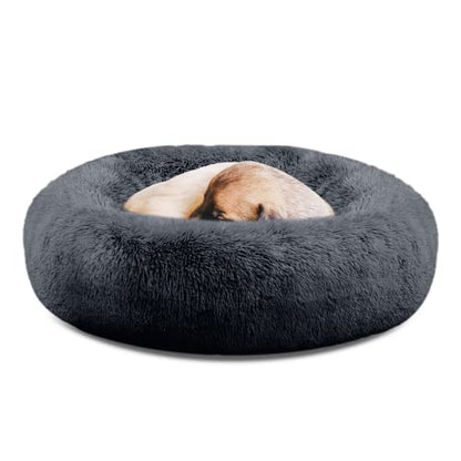 SAVFOX 36 inches Calming Donut Dog Bed - 3X Durable Plush Faux Fur, Machine Washable & Non-Slip, Fits up to 100 lbs, Dark Grey - color: Dark Grey, size: Large | 36"x36"