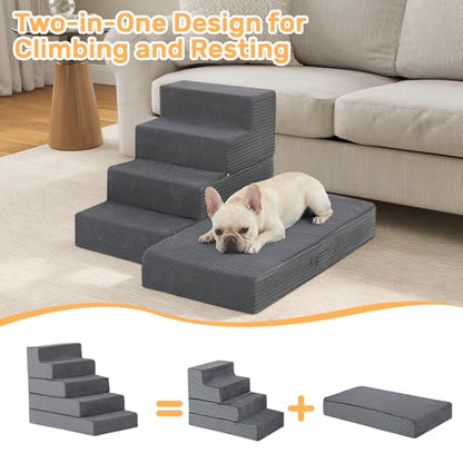 Dog Stairs for Small Dogs, 22.5" H Foldable Dog Steps for High Bed | 2 in 1 Pet Stairs Get on Couch, Transformable Cats Stairs, Non-Slip Balanced, Grey - size: 15.7 X 30 X 22.5 In