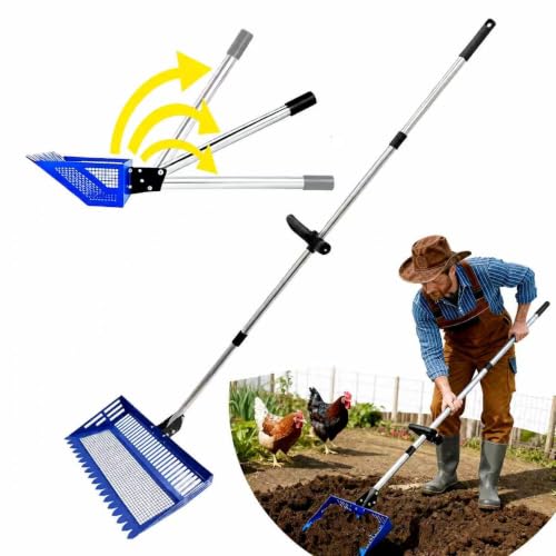Chicken Poop Scooper & Rake 2-in-1, 15" Extra Large Stainless Steel Litter Scoop, 21"-76" Adjustable Handle, Chicken Coop Cleaner for Sand, Pet Waste & Litter Sifting - color: blue
