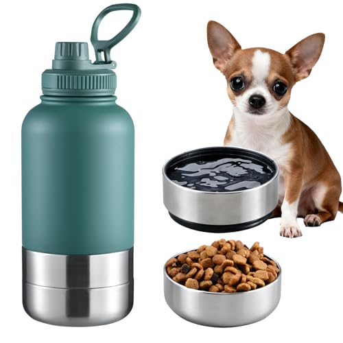 Cibaabo Insulated Dog Water Bottle with 2 Bowls, 32oz Travel Stainless Steel Double Wall Thermos, Portable Pet Dispenser, Gifts for Puppy Small Medium Dogs Walking Hiking and Camping - color: Forest Green