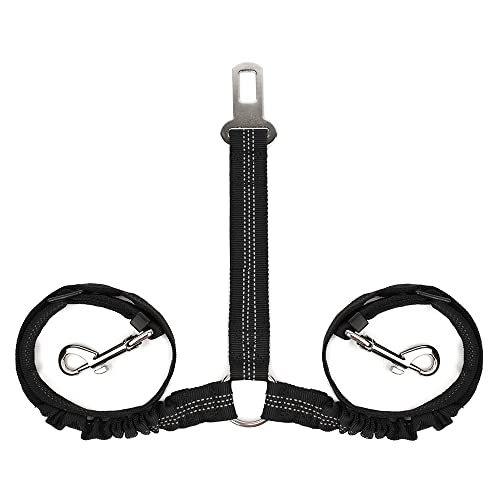 SlowTon Dog Seat Belt, Double Dog Seatbelt Adjustable Vehicle Safety Leash with Elastic Bungee Buffer, Reflective No Tangle Y Shape Two Dog Harness Seat Belt Splitter for Pets Car Trip (Black, M) - color: A.Black, size: 2 Medium in 1
