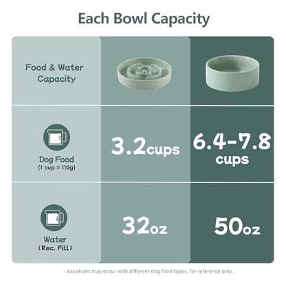 Havniva 9.5” Raised Slow Feeder Dog Bowls Set, 3.2 Cups Ceramic Slow Feeder Dog Bowl and 8.2” Dog Water Bowl with Elevated Wooden Stand Puzzle Dog Food Bowl for Large Dogs Anti-Gulping & Anti-Choking - color: 2 x Light Green+Stand-A, size: 9.5inch